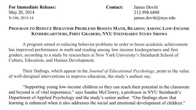 NYU program to reduce behavior problems