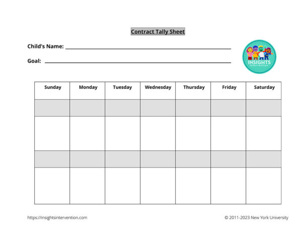 25 copies of the teacher and student contract with 50 copies of the 7-day contract tally sheet, used to maintain goals from Sunday through Saturday.