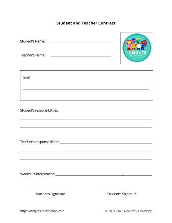 25 copies of the Teacher and Student Contract to create goals and establish responsibilities